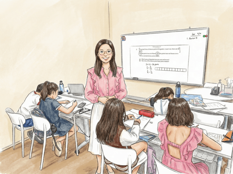 Teacher Elaine at the whiteboard with her students