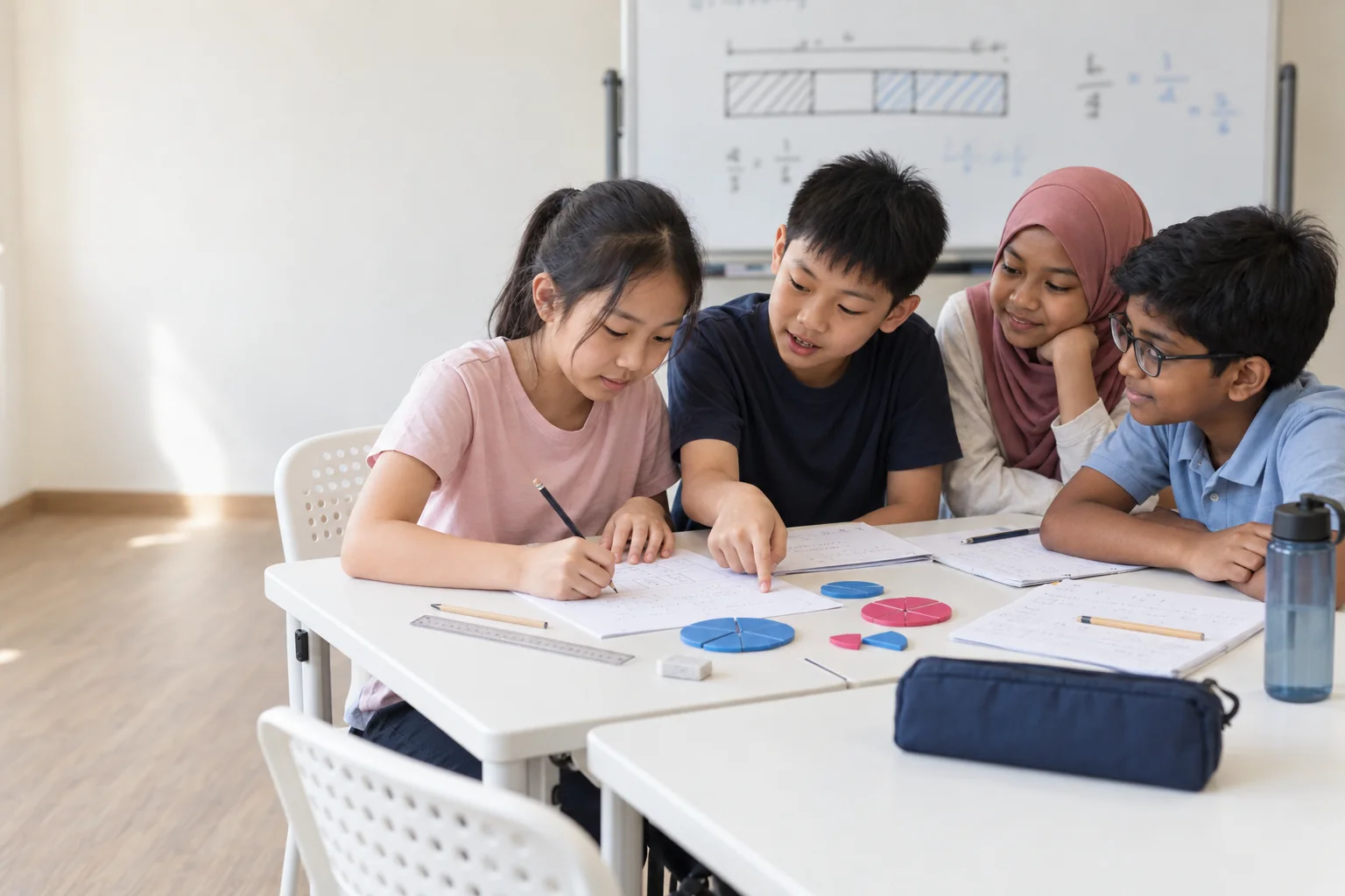 Illustration: Primary 4 and 5 students working through a maths problem together at a table in the MathArchery studio.
