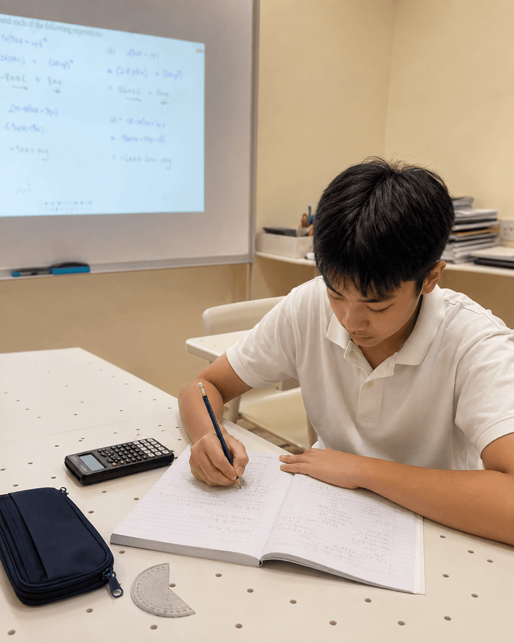 Illustration: a Secondary 1 student working through algebra in an exercise book at the MathArchery studio in Bukit Timah, with a scientific calculator and protractor on the table