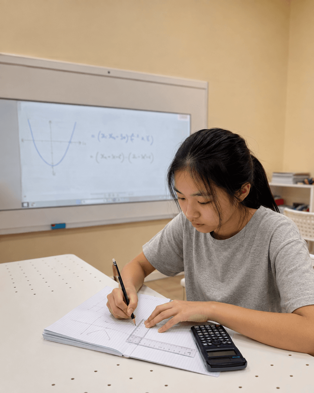 Illustration: a Secondary 2 student sketching a quadratic graph in a squared exercise book at the MathArchery studio in Bukit Timah, with a scientific calculator on the table