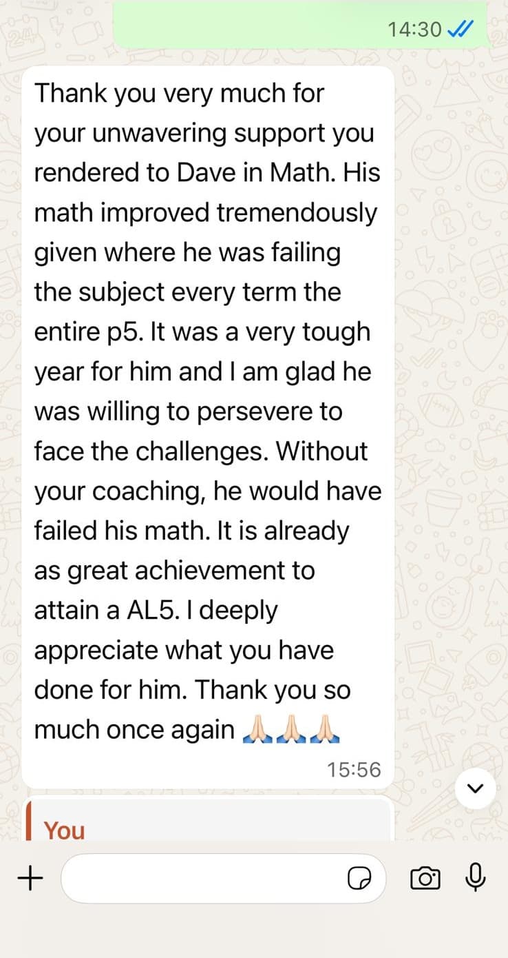 WhatsApp message from a parent thanking Teacher Elaine for her son's math improvement