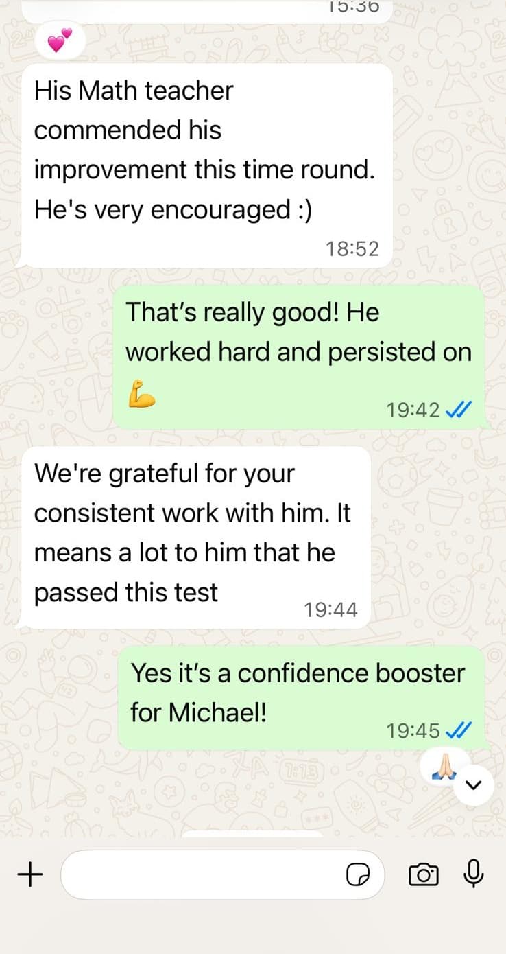 WhatsApp message from a parent sharing her son's math teacher praised his improvement