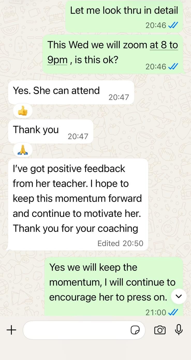 WhatsApp message from a parent thanking Teacher Elaine for coaching her daughter