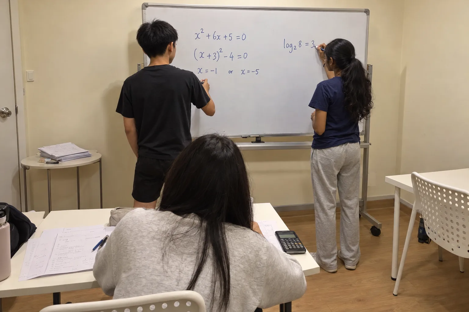 Two students write a quadratic equation and a logarithm on the whiteboard during a Secondary 3 A-Math lesson, while a third student works at a table with a scientific calculator