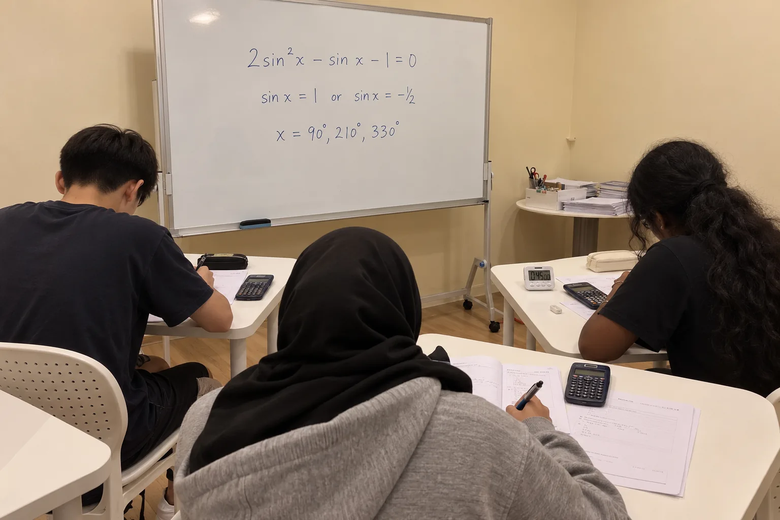 Three students work through exam-style maths papers with scientific calculators during Secondary 4 exam practice, with a solved trigonometry equation on the whiteboard