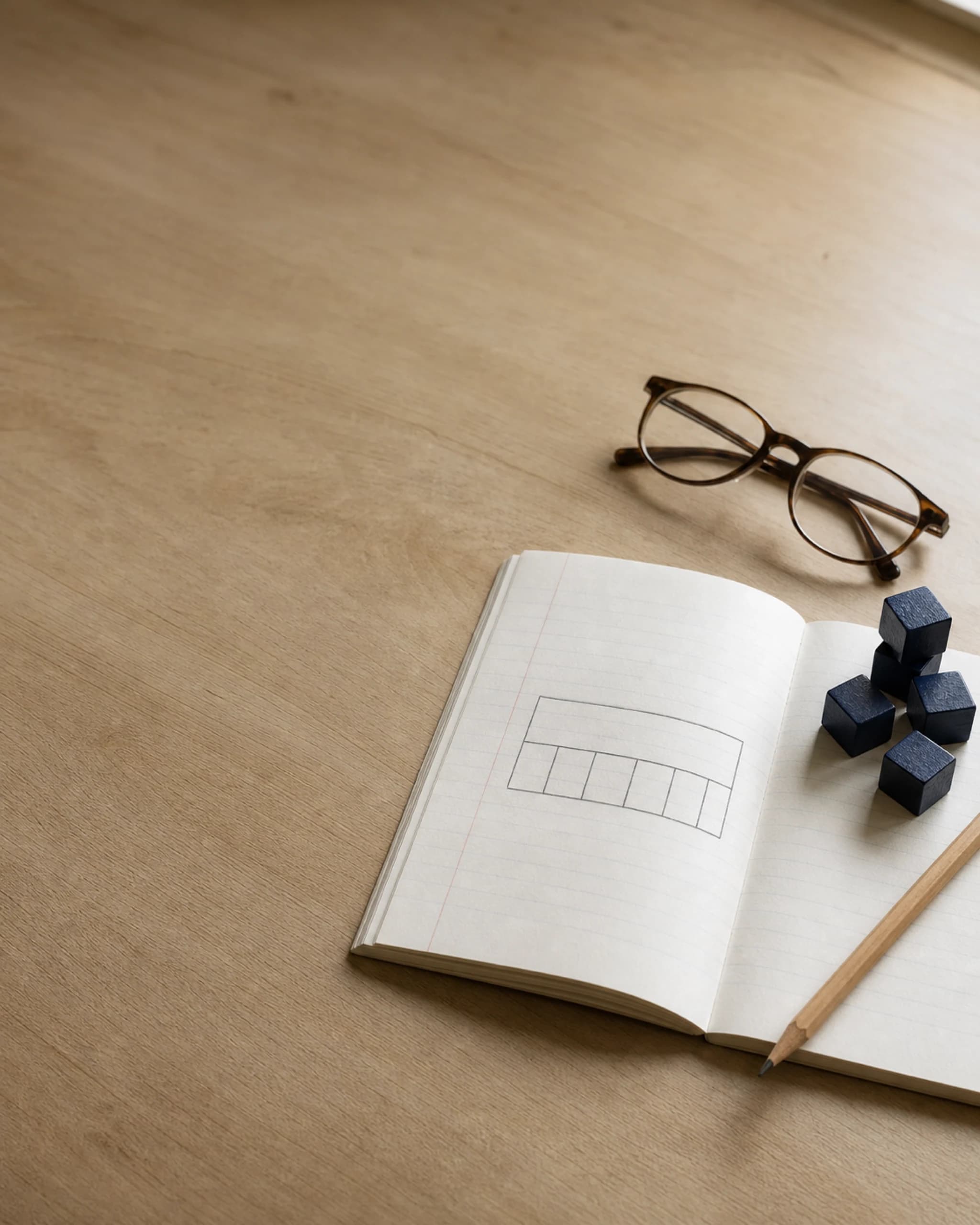 A hand-drawn bar model in an open exercise book, with navy wooden counting cubes and a pencil on a desk